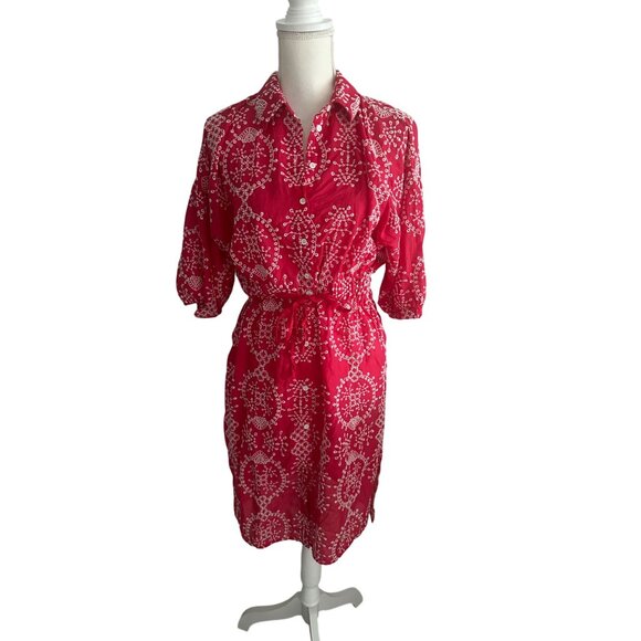 ZARA Red White Embroidered Tie Waist Dress Size Medium - Picture 9 of 9